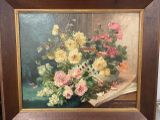 a painting of flowers in a vase on a table