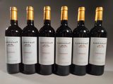 six bottles of wine lined up in a row on a table