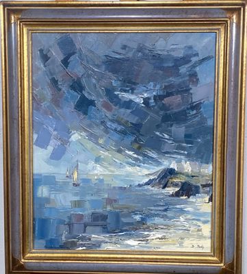 une peinture à l'huile représentant un voilier sur l'océan, sous un ciel nuageux