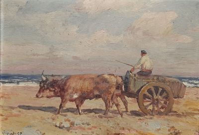 painting of a man driving a cart with two cows on the beach