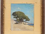 an oil painting of a tree on a beach with a blue sky in the background