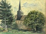 painting of a church with a steeple in the background and trees in the foreground