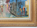 a painting of people walking down the street in the rain