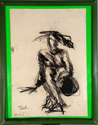 un dessin en noir et blanc représentant une femme, dans un cadre vert
