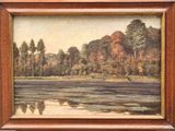 an image of a painting of a river with trees in the background