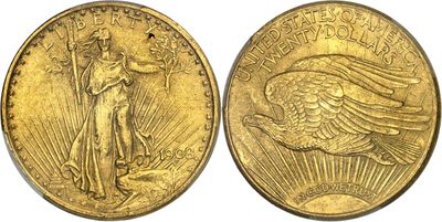 a gold coin with the image of a woman holding an eagle