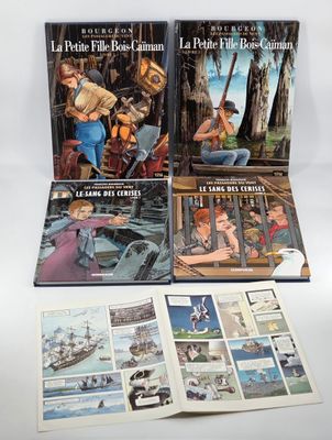trois livres pour enfants, dont l'un comporte l'illustration d'un homme et d'une femme sur un bateau