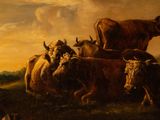 a painting of a group of cows in a field with a castle in the background