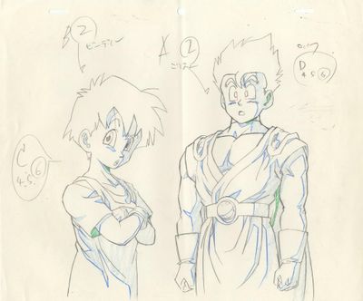 dessin représentant deux personnages d'anime aux expressions différentes sur une feuille de papier
