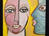 tableau représentant deux visages, celui d'une femme et celui d'un homme, sur fond jaune