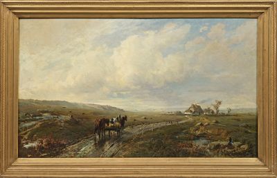 une peinture à l'huile représentant une calèche tirée par des chevaux sur un chemin de terre près d'une ferme