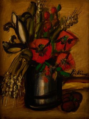 une peinture de fleurs dans un pot sur une table