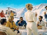 un tableau représentant un groupe de personnes assises à une table, avec un hélicoptère en arrière-plan