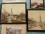 several old black and white photos of a city and a church