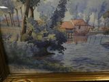 a picture of a painting of a house by the water