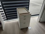 a white cabinet with drawers in front of a window