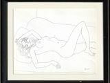 drawing of a nude woman laying on a bed with her legs crossed