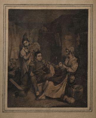 Le soldat et la fileuse Gravure A vue: 20 x 16,5 cm