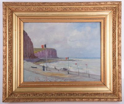 une peinture à l'huile représentant une scène de plage avec des personnes marchant sur le sable