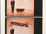 trois photos d'un homme en costume debout dans une baignoire