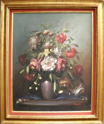une peinture de fleurs dans un vase sur une table