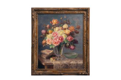 une peinture de fleurs dans un vase sur une table