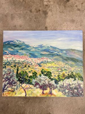 une peinture à l'huile représentant une vue sur une vallée avec des arbres et des montagnes