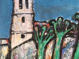 an image of a painting of a church tower with trees in the foreground