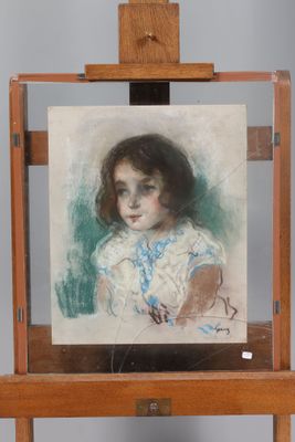 painting of a young girl in a white dress sitting on a wooden easel