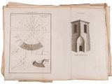 an old book with a drawing of a clock tower and a drawing of a boat