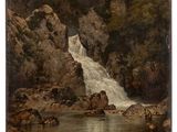 an image of a painting of a waterfall in a rocky landscape