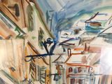 une peinture représentant une rue de la ville avec une horloge