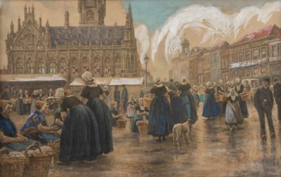 un tableau représentant une scène de rue avec des personnes et un chien