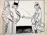cartoon drawing of a man and woman shaking hands with a man in a top hat