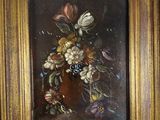 an old painting of flowers in a vase on a table