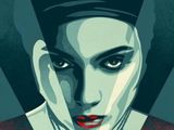 a poster of a woman in a black hat and red dress