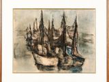a painting of a group of boats in a body of water