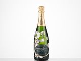 a bottle of champagne on a table with a white background