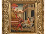 an old painting of a man on a horse pulling a carriage