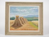 a painting of hay stacks in a field with mountains in the background