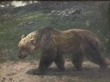 a painting of a bear that is walking in the woods