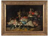 an oil painting of a still life of fruit and a pitcher on a table