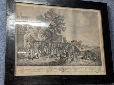 tableau représentant un groupe de personnes dans un village, avec une calèche