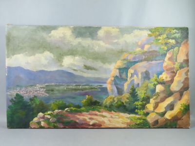 an oil painting of a mountain scene with a view of a valley