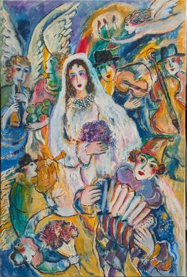 un tableau représentant une femme en robe de mariée tenant un bouquet