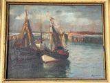 a painting of boats in a harbor with a bridge in the background