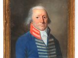 un vieux tableau représentant un homme vêtu d'un manteau bleu et d'une écharpe rouge