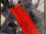 a painting of a woman in a red dress on a table