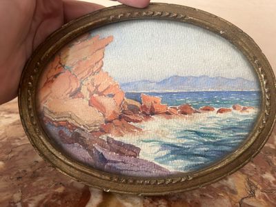 quelqu'un tient une photo miniature représentant une plage rocheuse