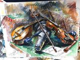 a picture of a painting of a violin and fiddle